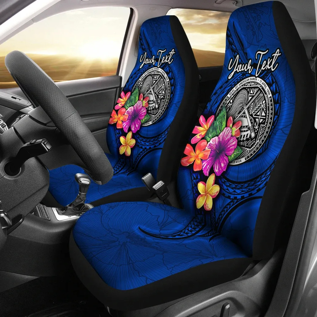 American Samoa Polynesian Custom Personalised Car Seat Covers - Floral With Seal Blue