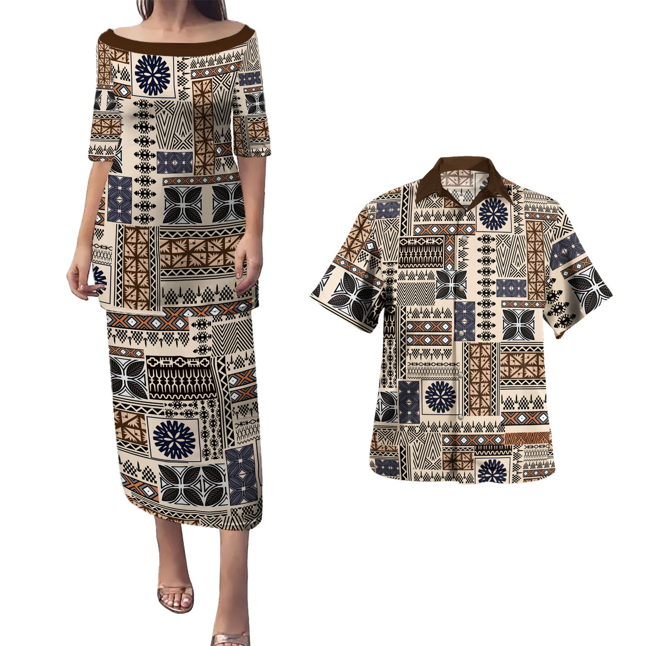 Fiji Combo Puletasi And Shirt Tapa Print Fabric