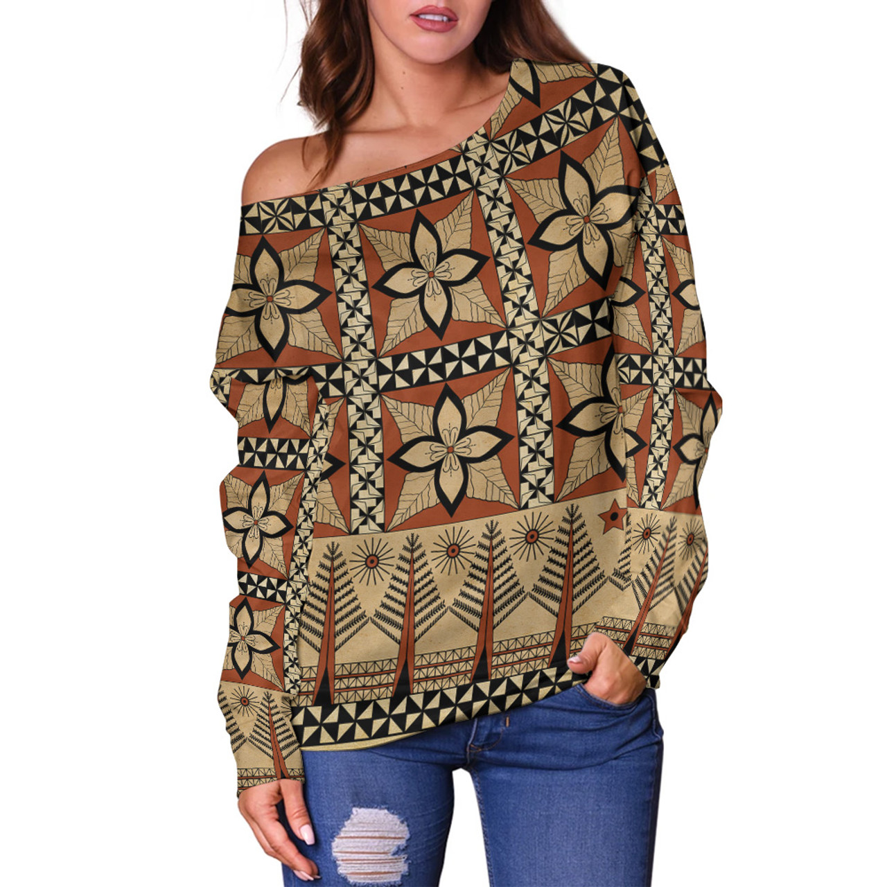 Tonga Off Shoulder Sweatshirt Tapa Motif2