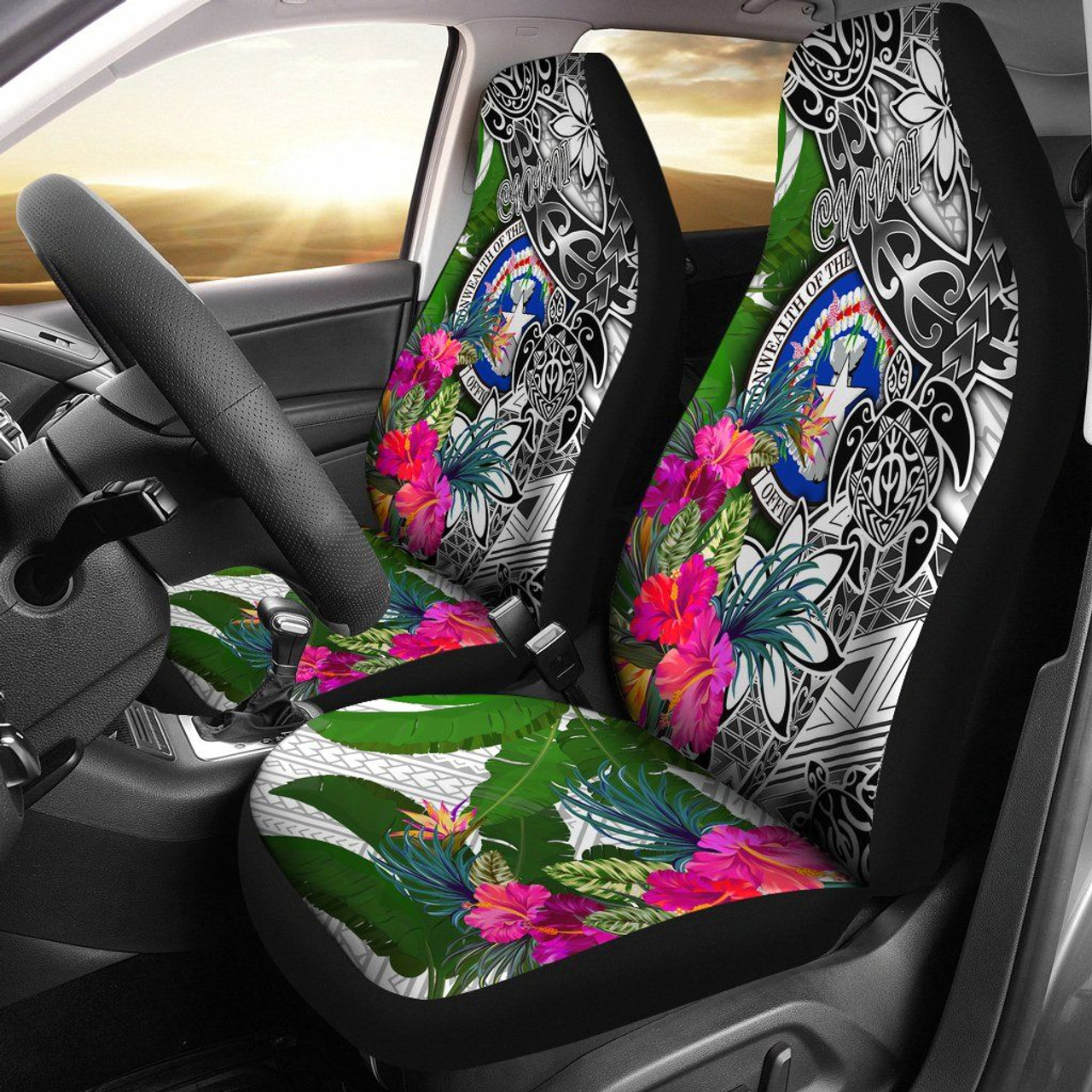 Northern Mariana Islands Car Seat Covers White - Turtle Plumeria Banana Leaf