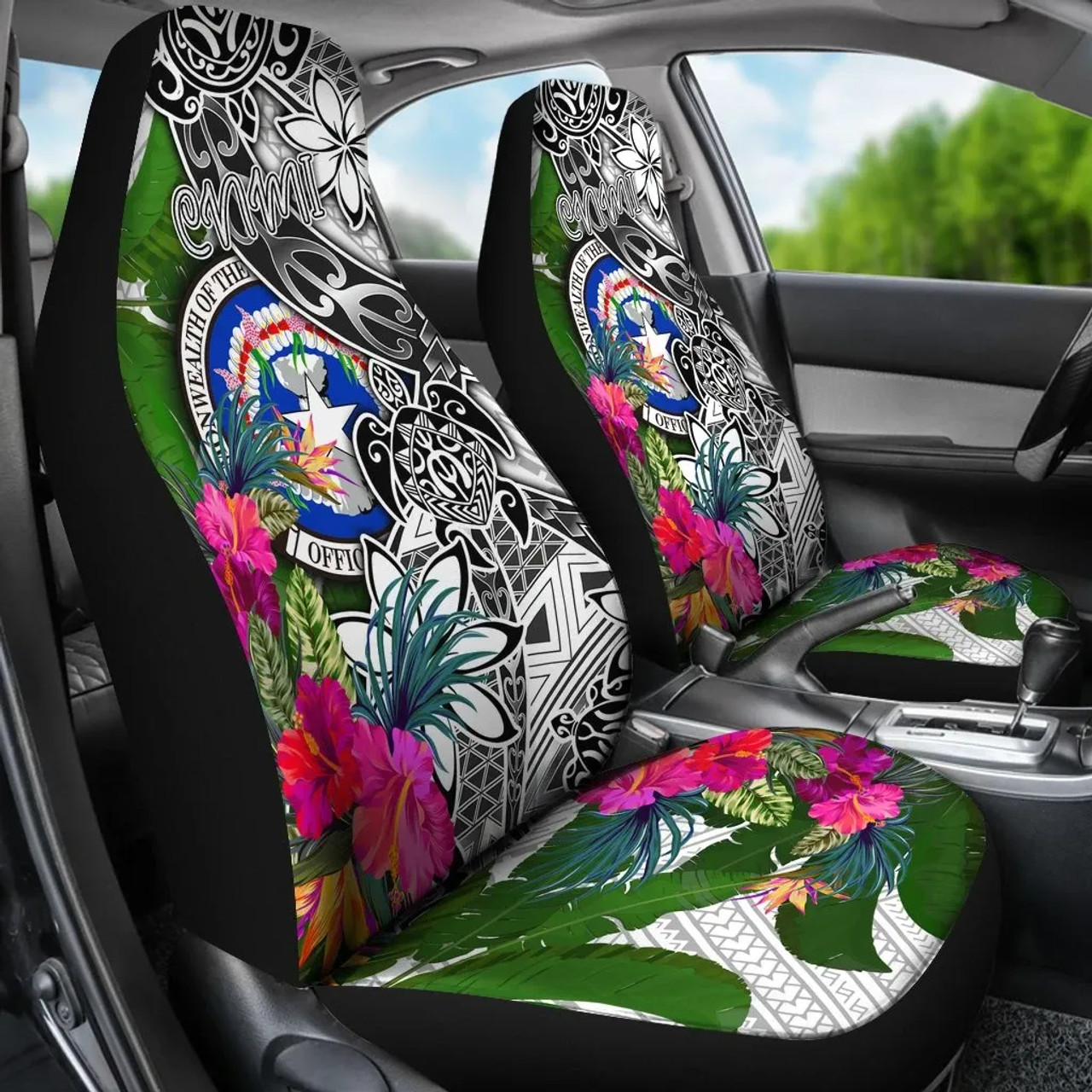 Northern Mariana Islands Car Seat Covers White - Turtle Plumeria Banana Leaf