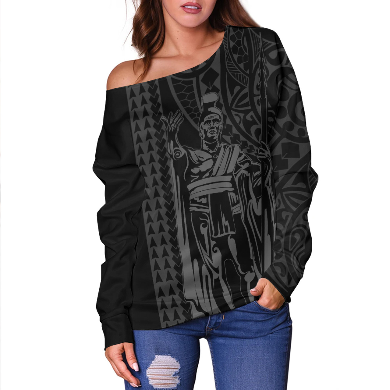 Hawaii Off Shoulder Sweatshirt Polynesian Tribal King Kamehameha I Kakau