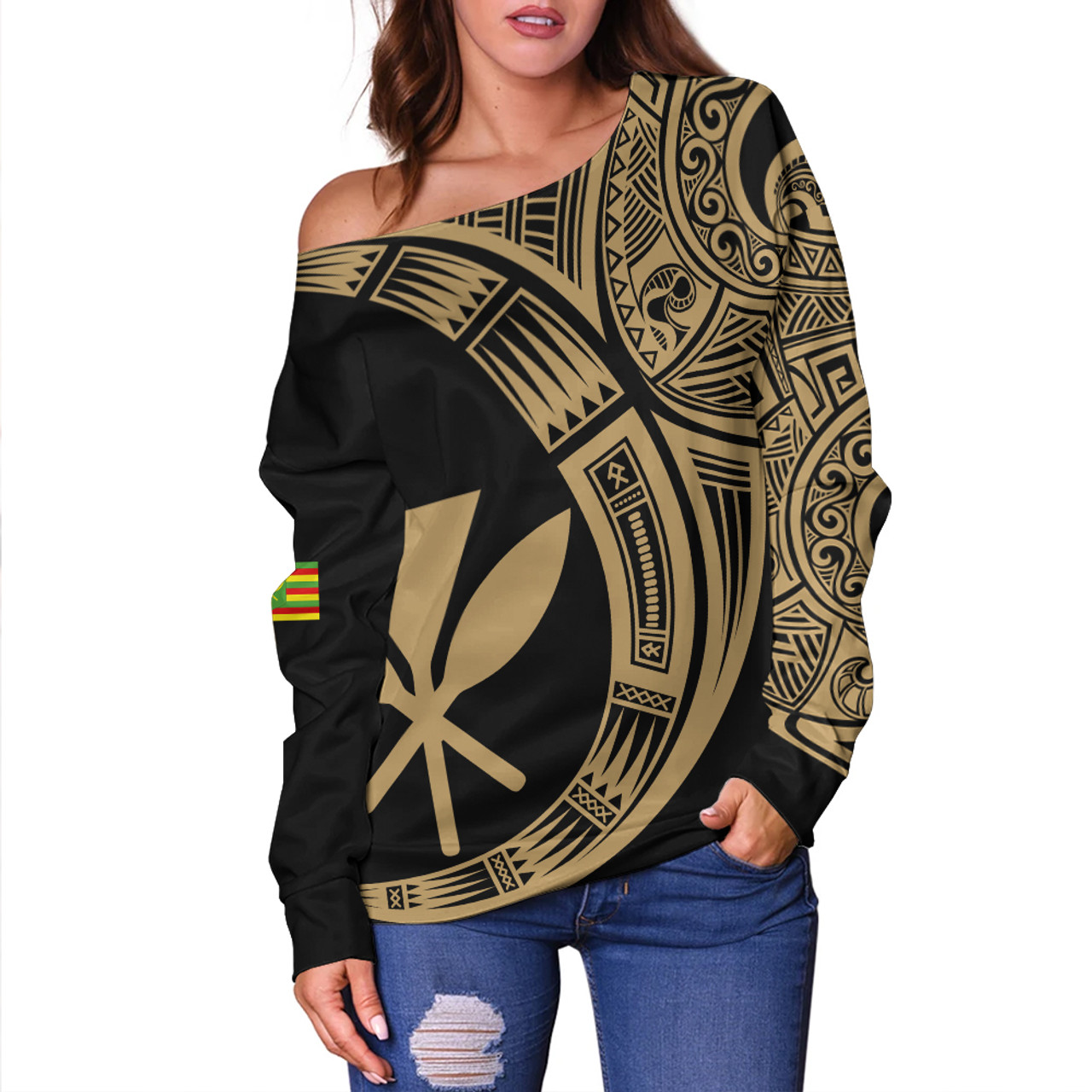 Hawaii Off Shoulder Sweatshirt Polynesia Tribal Spirits Of Kanaka Seal