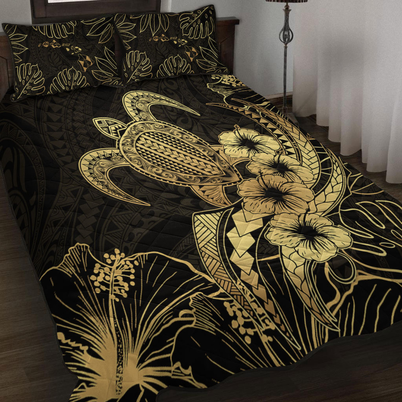 Hawaii Quilt Bed Set Tribal Polynesia Floral Gold Art