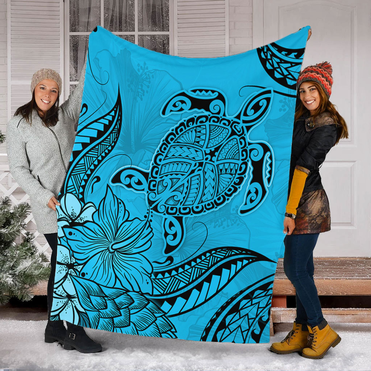 Hawaii Premium Blanket Tribal Turtle And Flowers Island Life