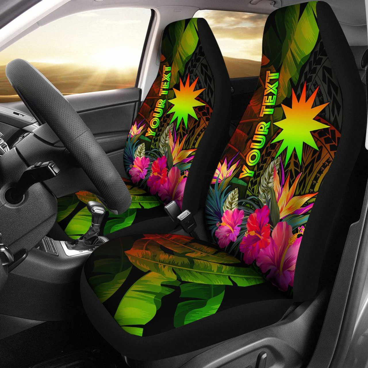 Nauru Polynesian Personalised Car Seat Covers -  Hibiscus and Banana Leaves