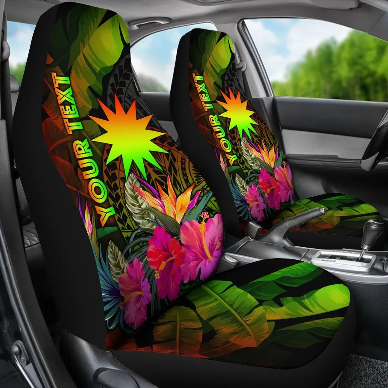 Nauru Polynesian Personalised Car Seat Covers -  Hibiscus and Banana Leaves