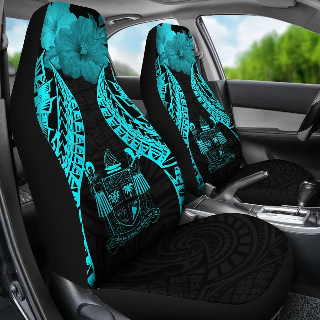 Fiji Polynesian Car Seat Covers Pride Seal And Hibiscus Neon Blue