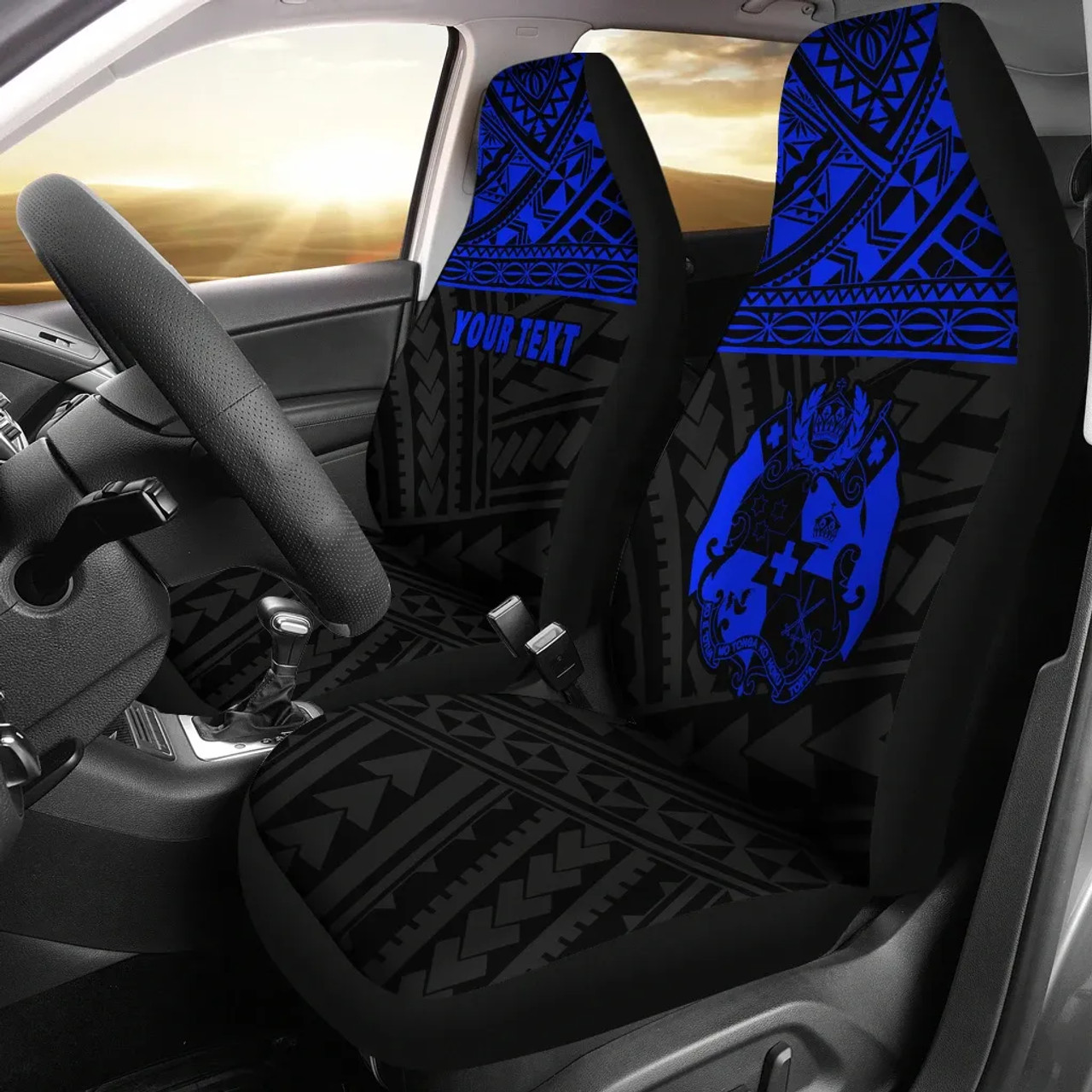 Tonga Custom Personalised Car Seat Covers - Tonga Blue Coat Of Arms Polynesian Tattoo
