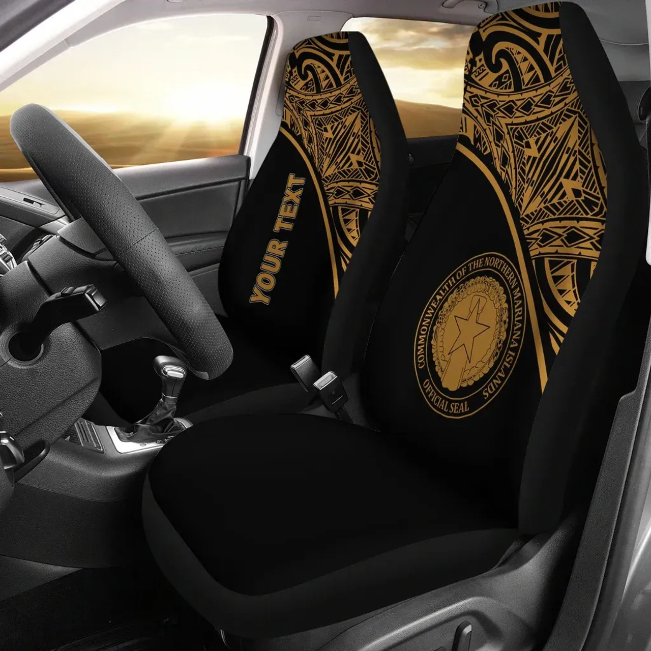 Northern Mariana Islands Custom Personalised Car Seat Covers - CNMI Seal Polynesian Gold Curve