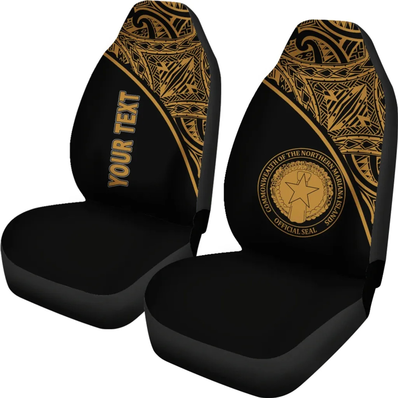 Northern Mariana Islands Custom Personalised Car Seat Covers - CNMI Seal Polynesian Gold Curve