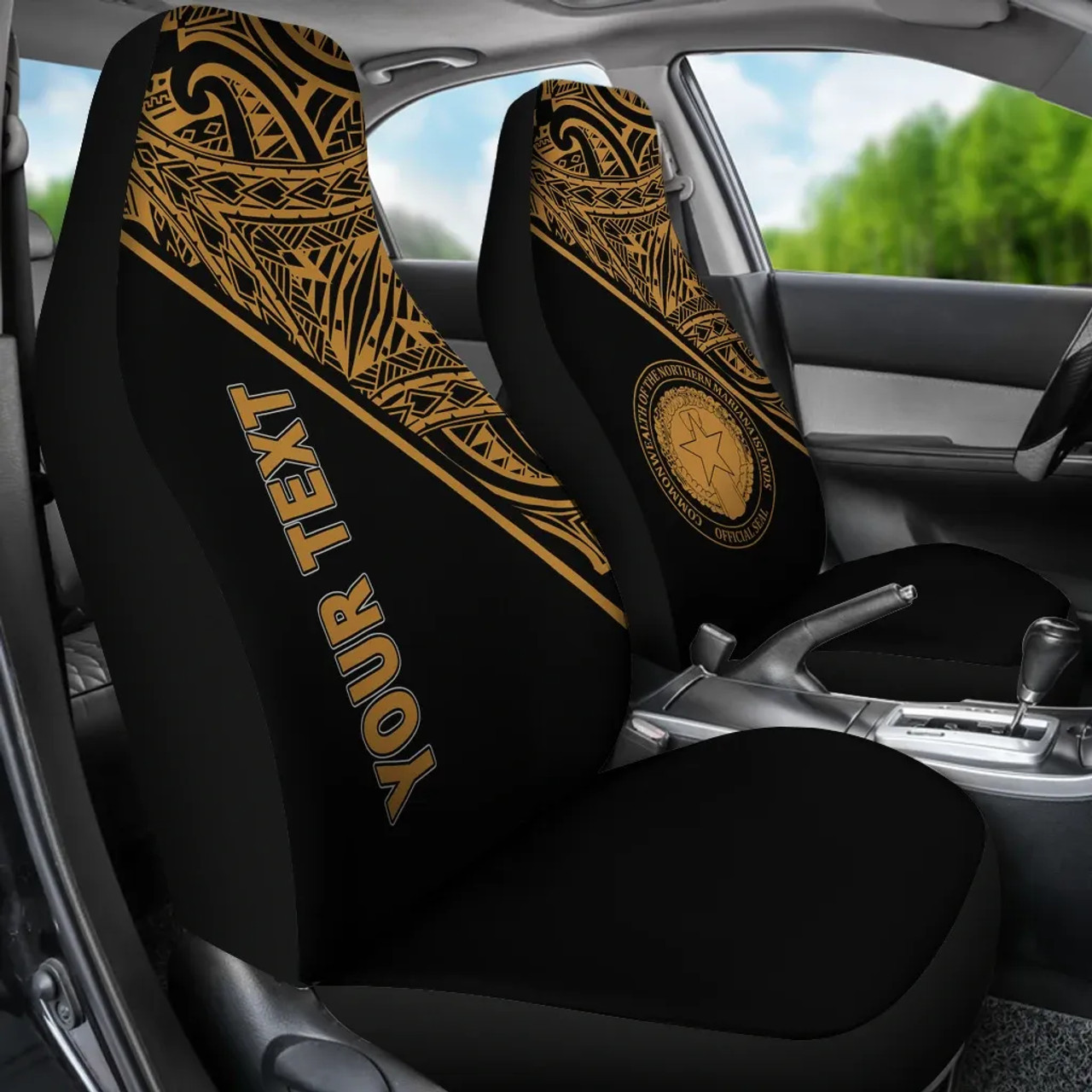 Northern Mariana Islands Custom Personalised Car Seat Covers - CNMI Seal Polynesian Gold Curve