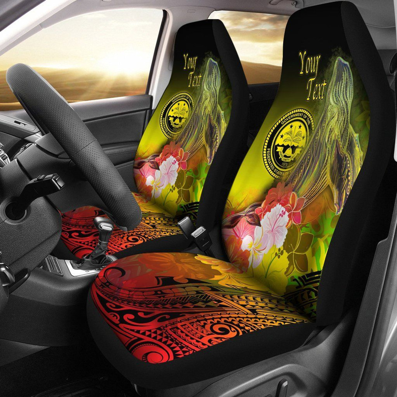 Federated States of Micronesia Custom Personalised Car Seat Cover - Humpback Whale with Tropical Flowers (Yellow)