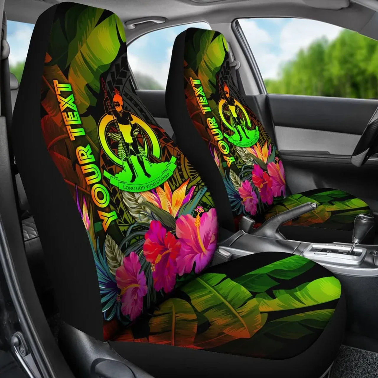 Vanuatu Polynesian Personalised Car Seat Covers -  Hibiscus and Banana Leaves