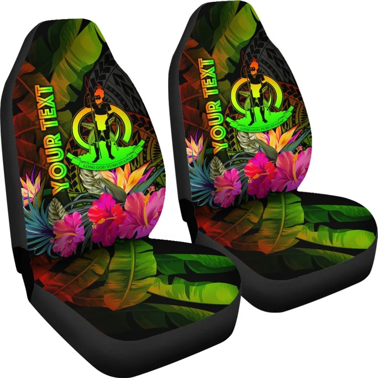 Vanuatu Polynesian Personalised Car Seat Covers -  Hibiscus and Banana Leaves
