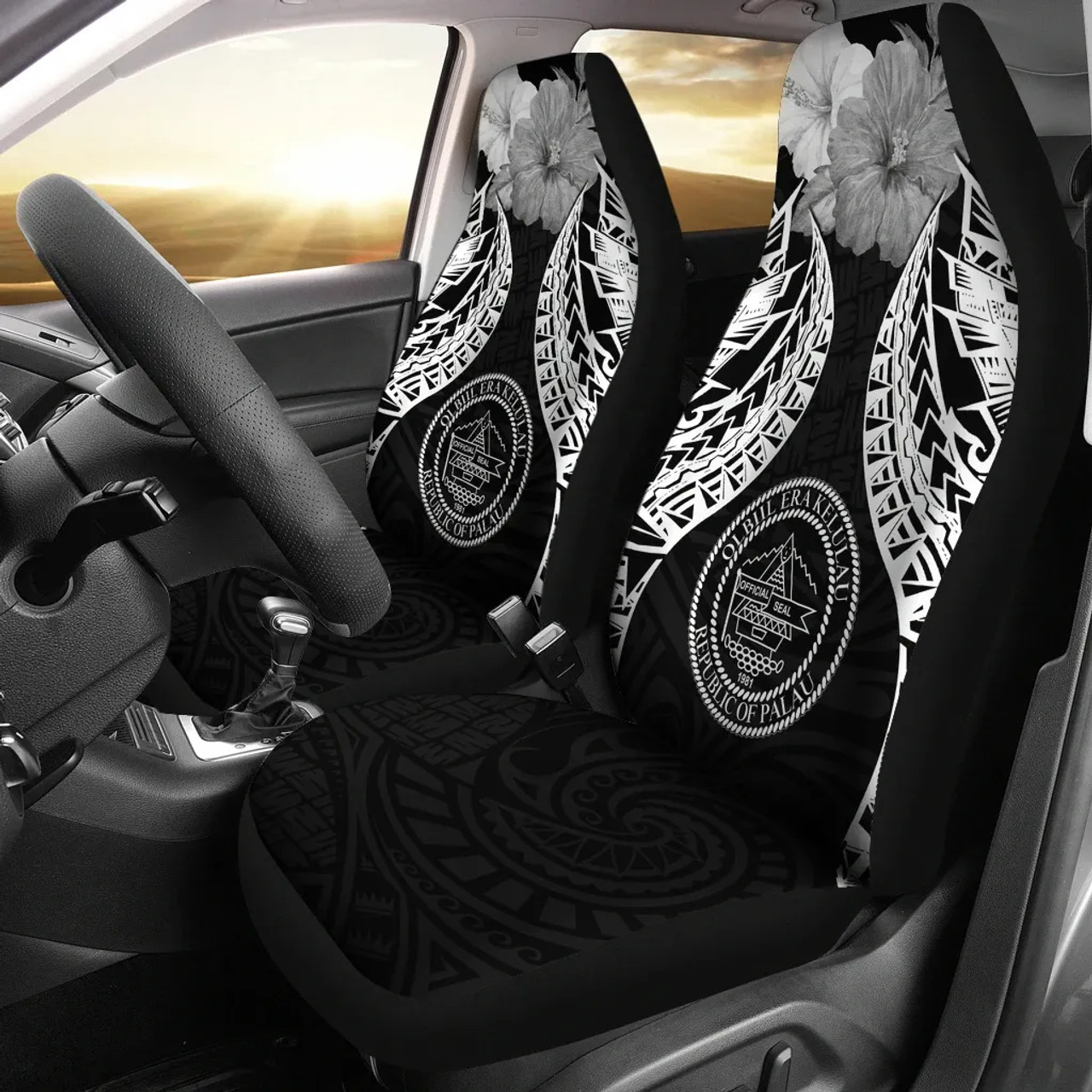 Palau Polynesian Car Seat Covers Pride Seal And Hibiscus Black