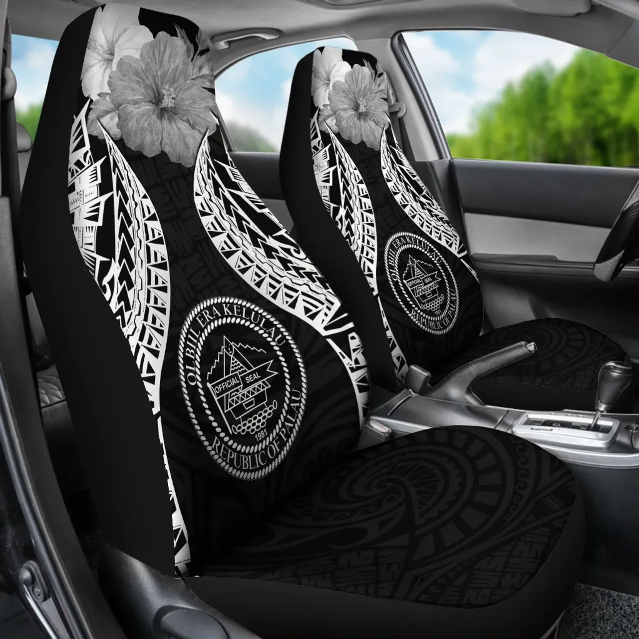 Palau Polynesian Car Seat Covers Pride Seal And Hibiscus Black