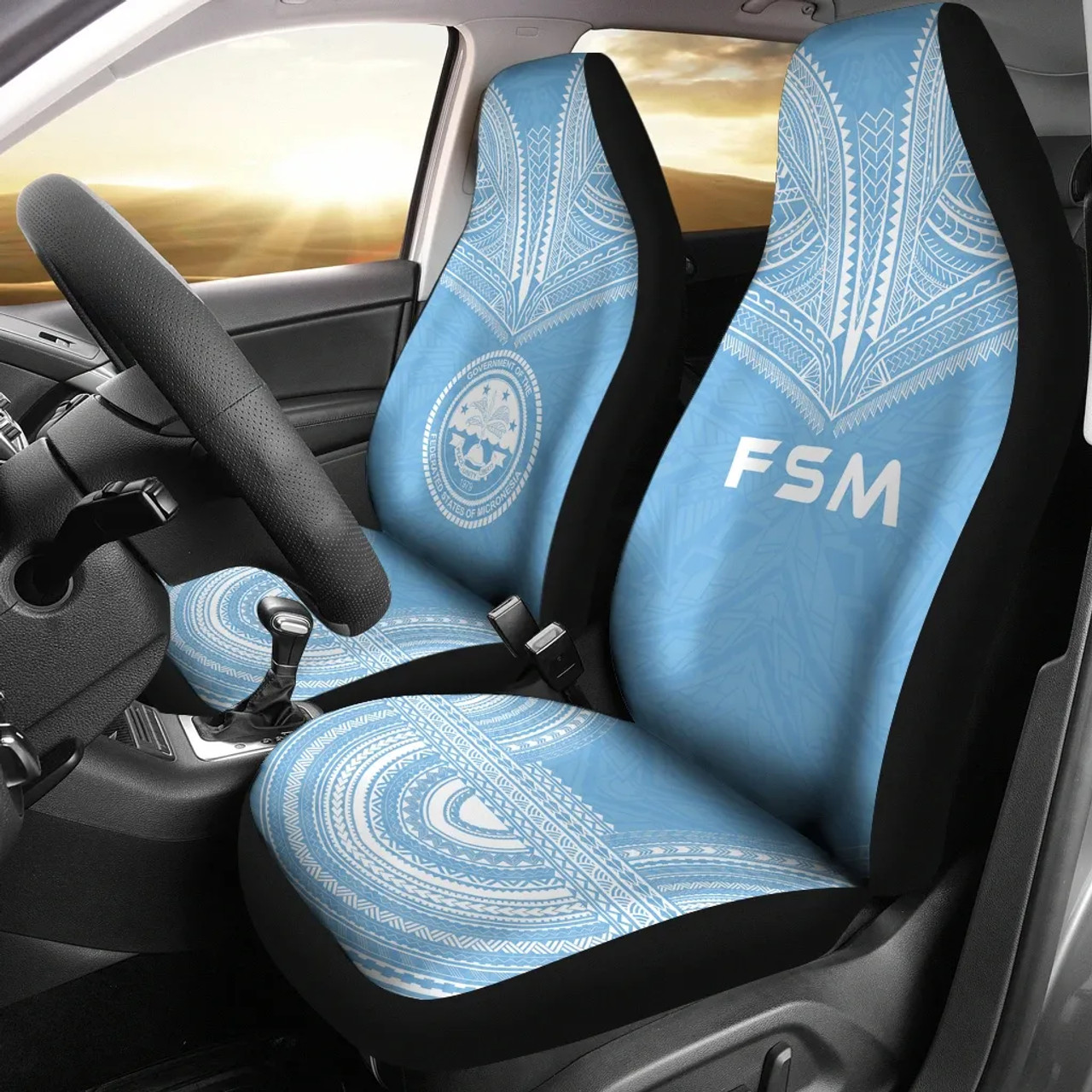 Federated States Of Micronesia Car Seat Cover - FSM Seal Polynesian Chief Tattoo Light Blue Version