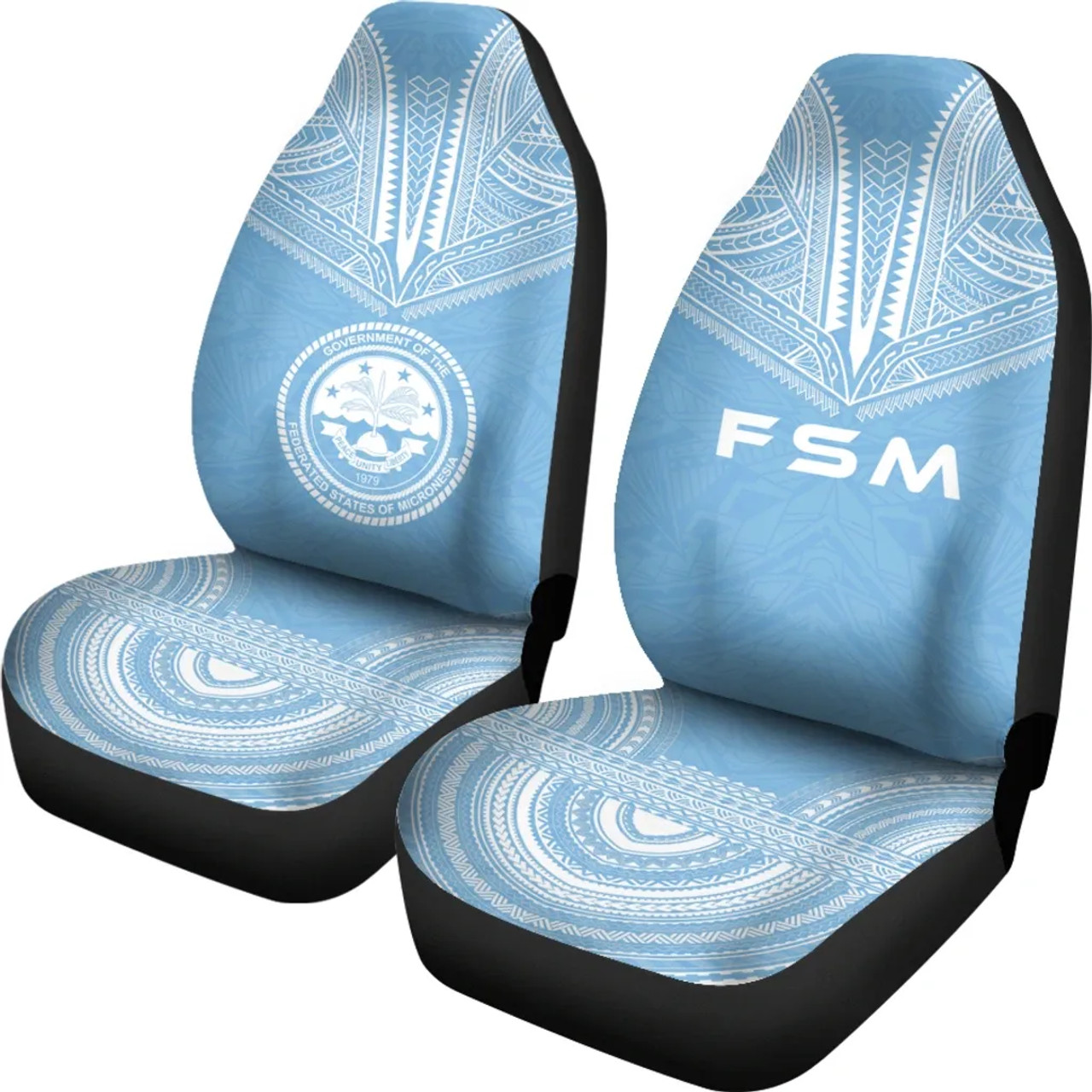 Federated States Of Micronesia Car Seat Cover - FSM Seal Polynesian Chief Tattoo Light Blue Version