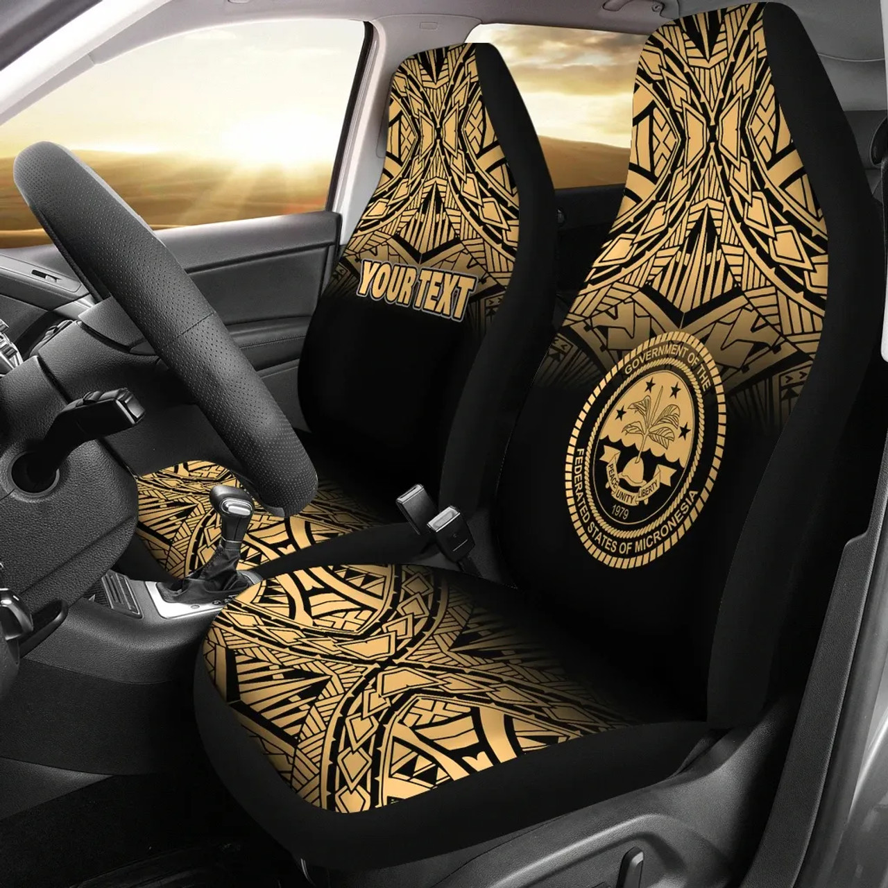 Federated States of Micronesia Car Seat Covers - FSM Seal Polynesian Tattoo Fog Gold