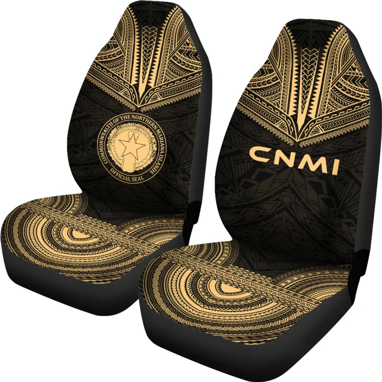 Northern Mariana Islands Car Seat Cover - CNMI Seal Polynesian Chief Tattoo Gold Version