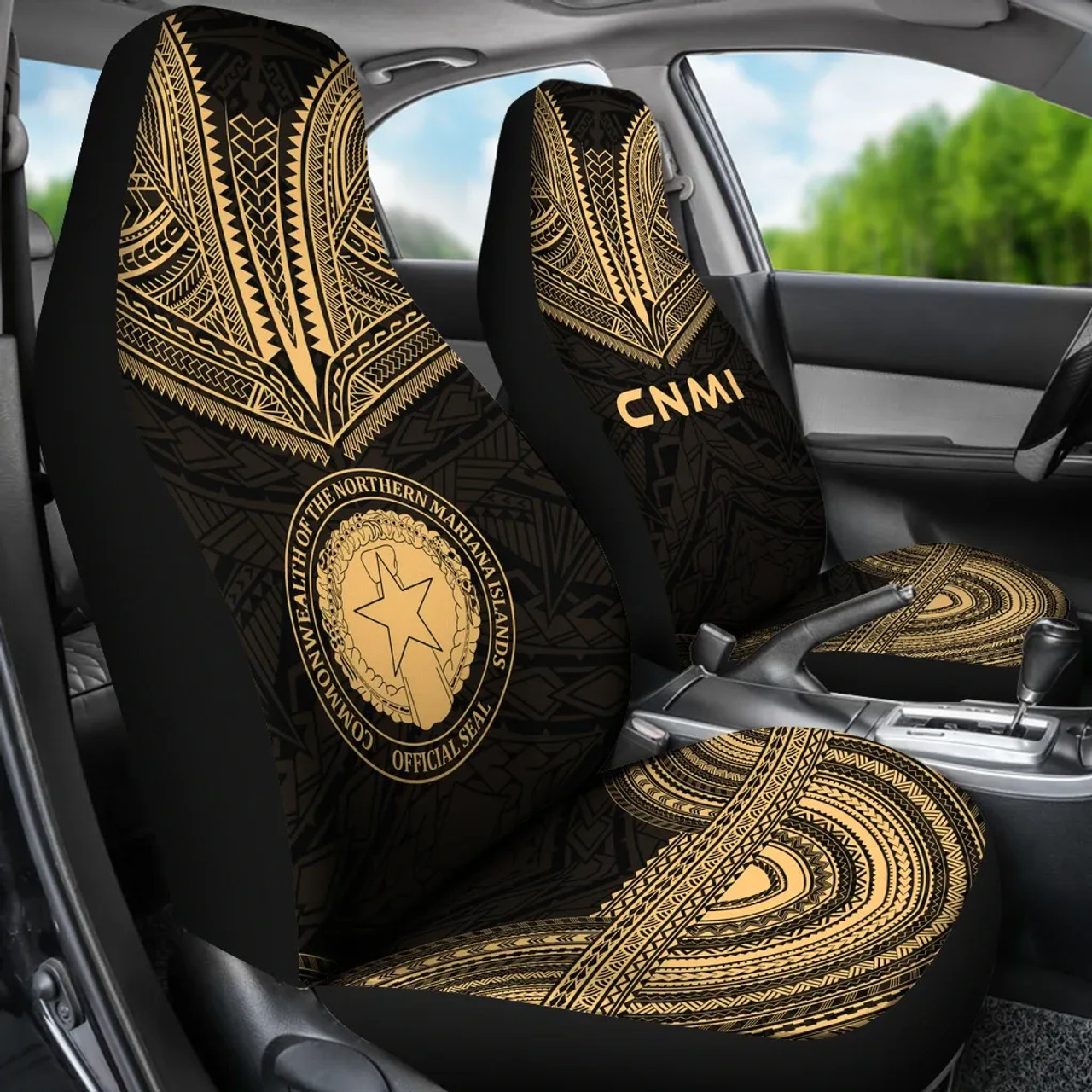 Northern Mariana Islands Car Seat Cover - CNMI Seal Polynesian Chief Tattoo Gold Version