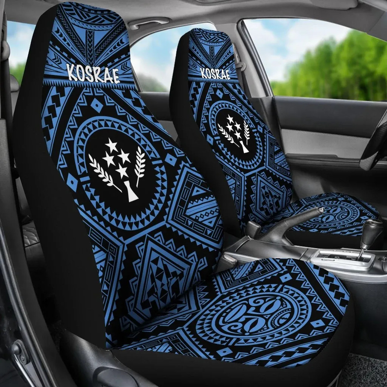 Kosrae Car Seat Covers - Kosrae Flag In Polynesian Tattoo Style (Blue)