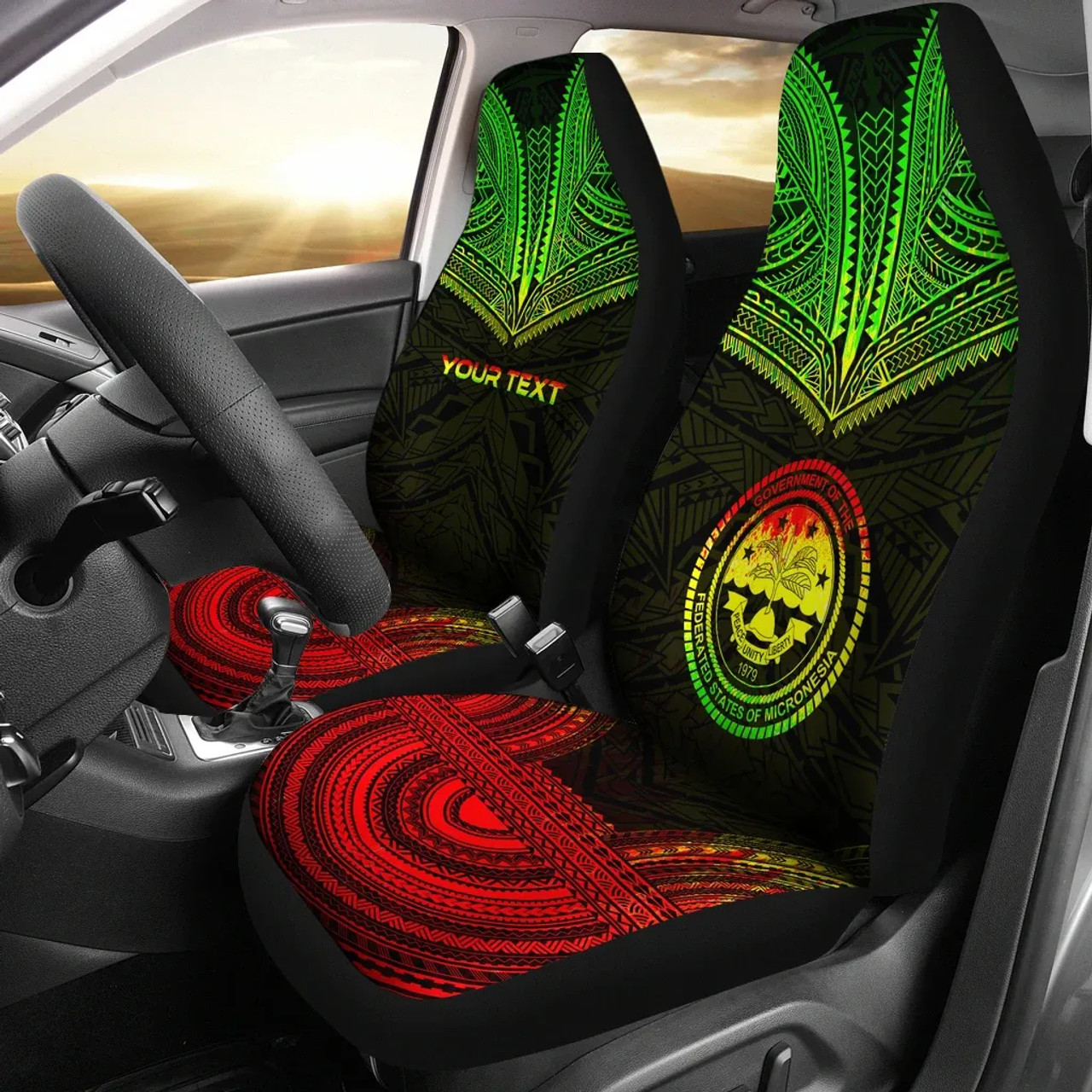 Federated States of Micronesia Custom Personalised Car Seat Cover - FSM Seal Polynesian Chief Tattoo Reggae Version