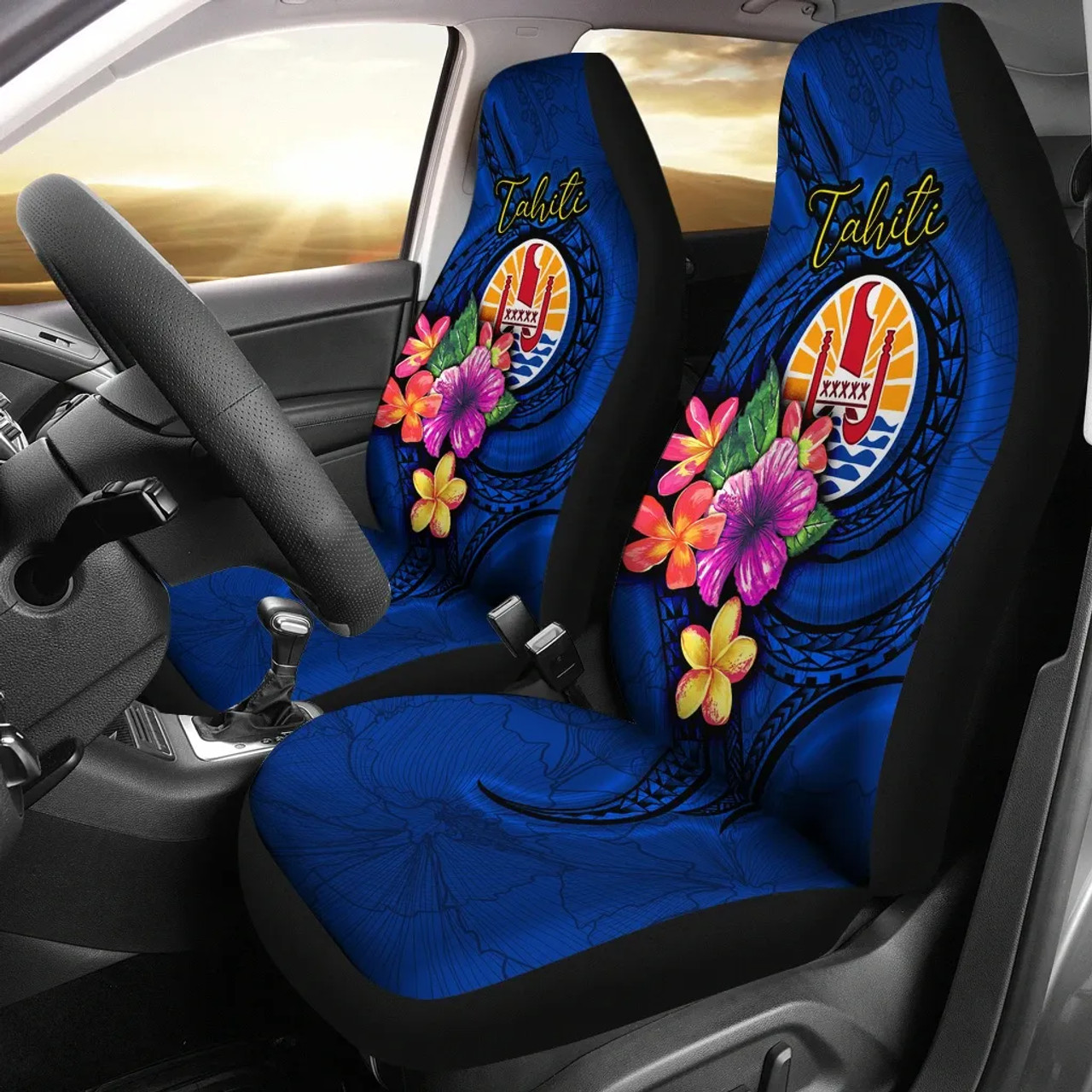 Tahiti Polynesian Car Seat Covers - Floral With Seal Blue