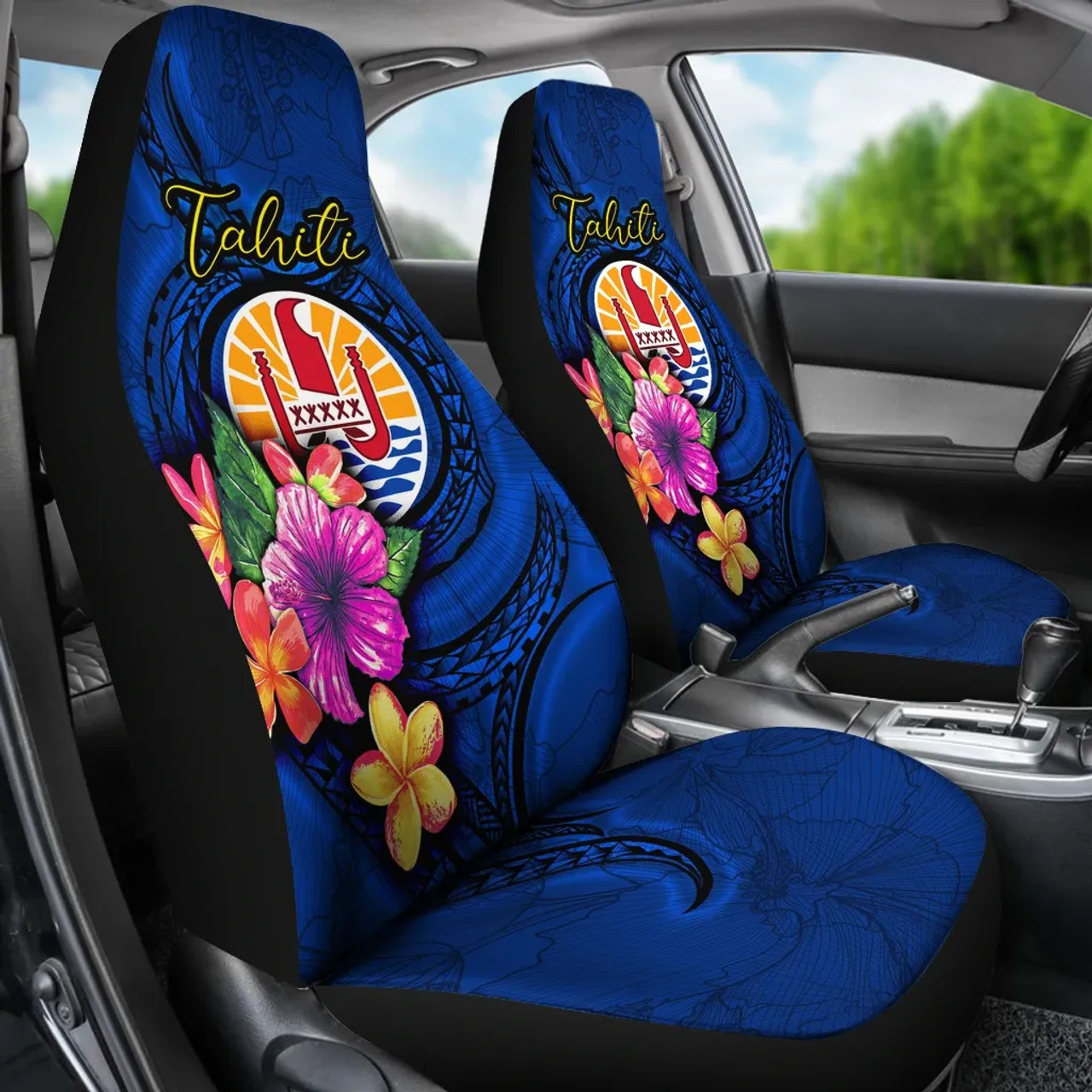Tahiti Polynesian Car Seat Covers - Floral With Seal Blue