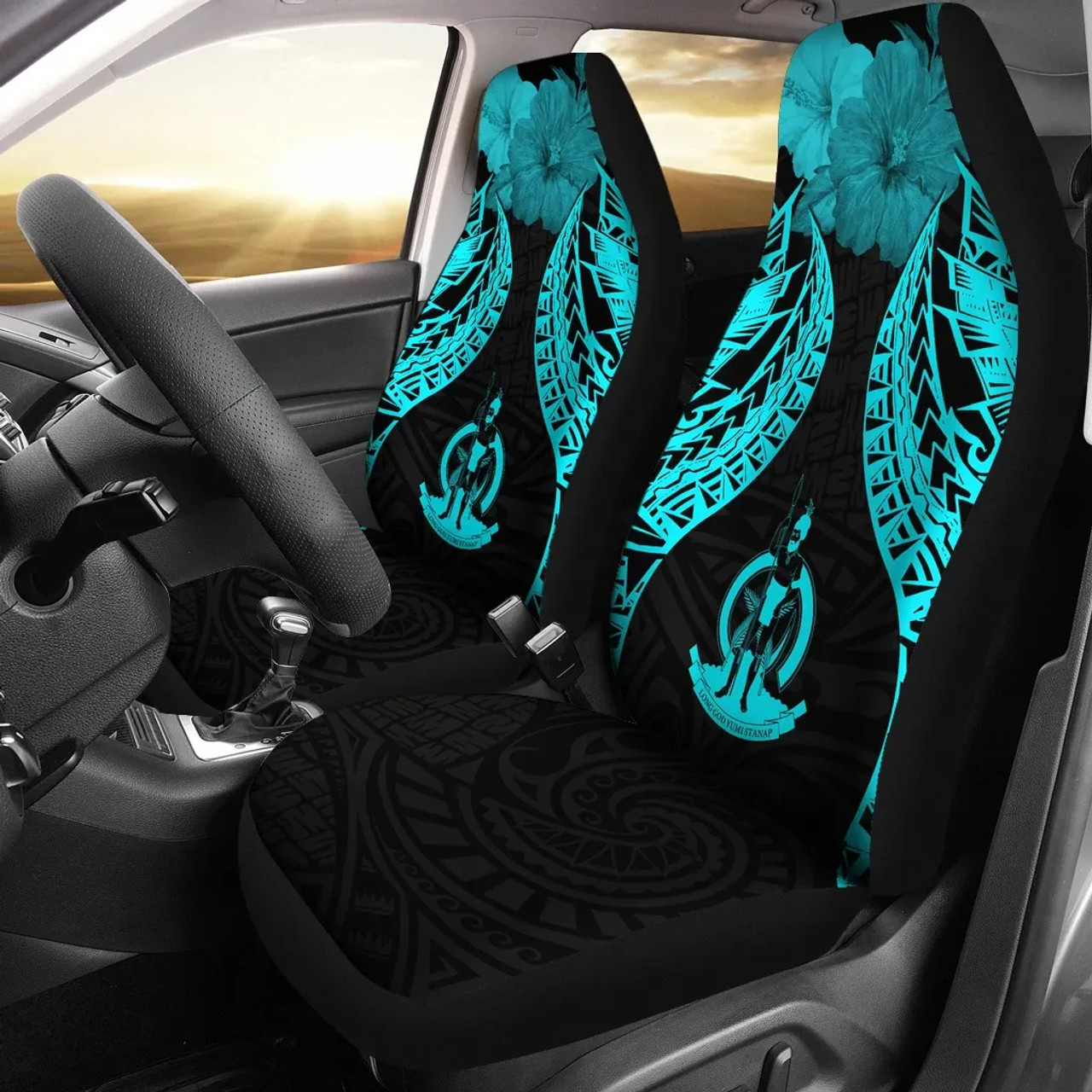 Vanuatu Polynesian Car Seat Covers Pride Seal And Hibiscus Neon Blue