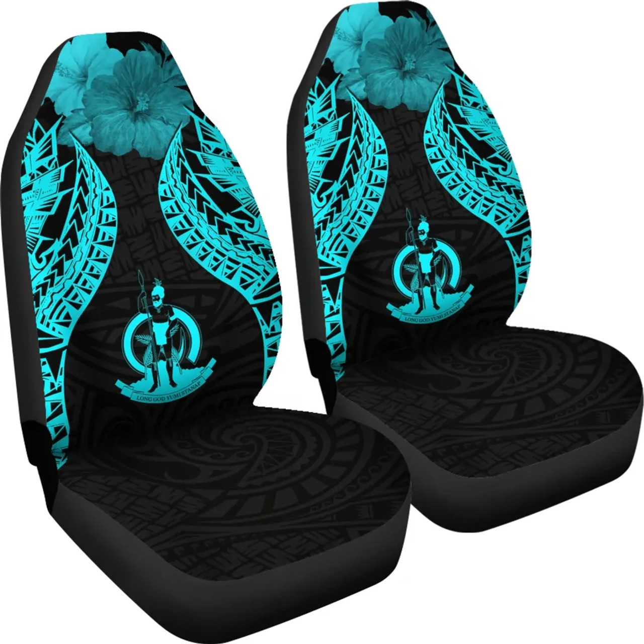 Vanuatu Polynesian Car Seat Covers Pride Seal And Hibiscus Neon Blue