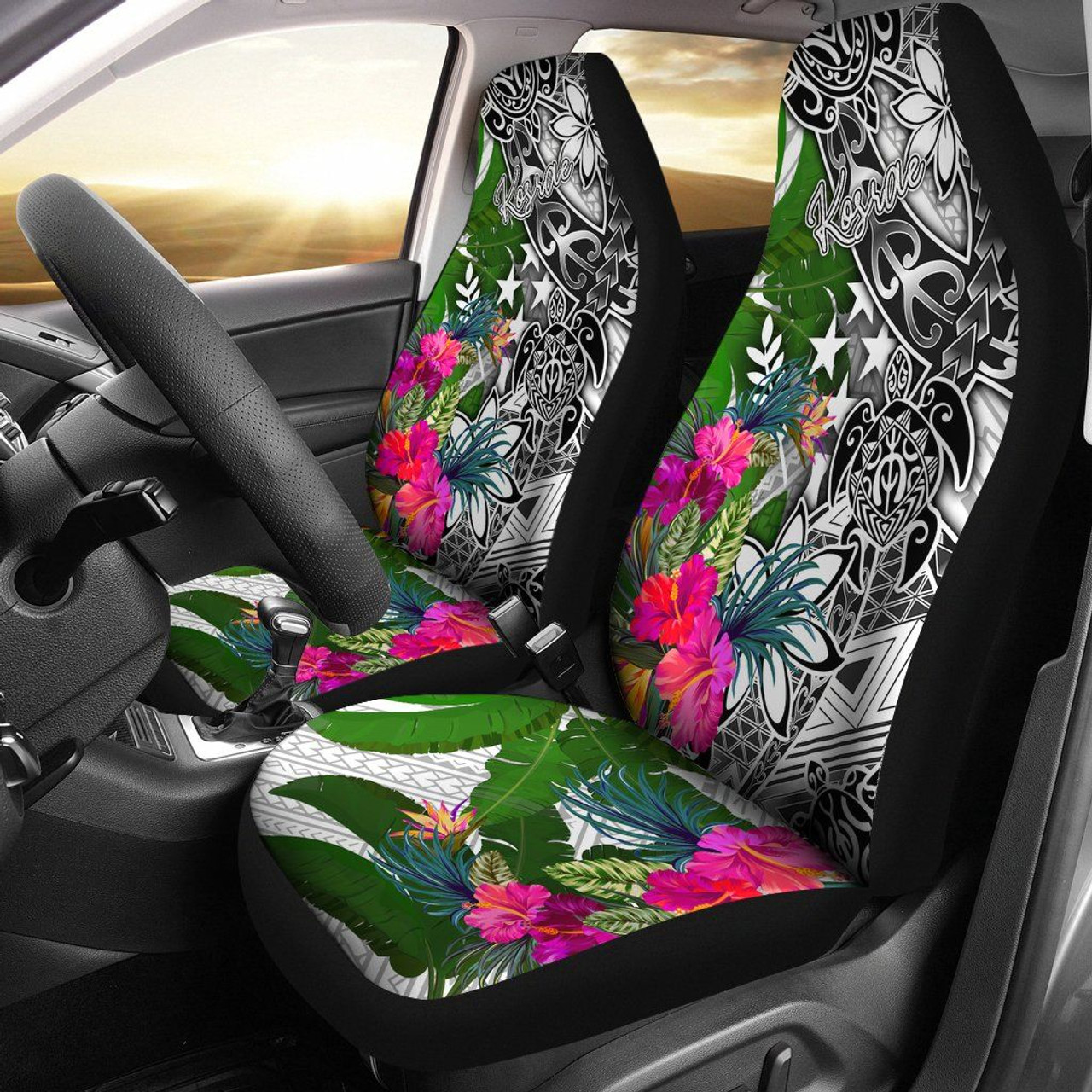 Kosrae Car Seat Covers White - Turtle Plumeria Banana Leaf