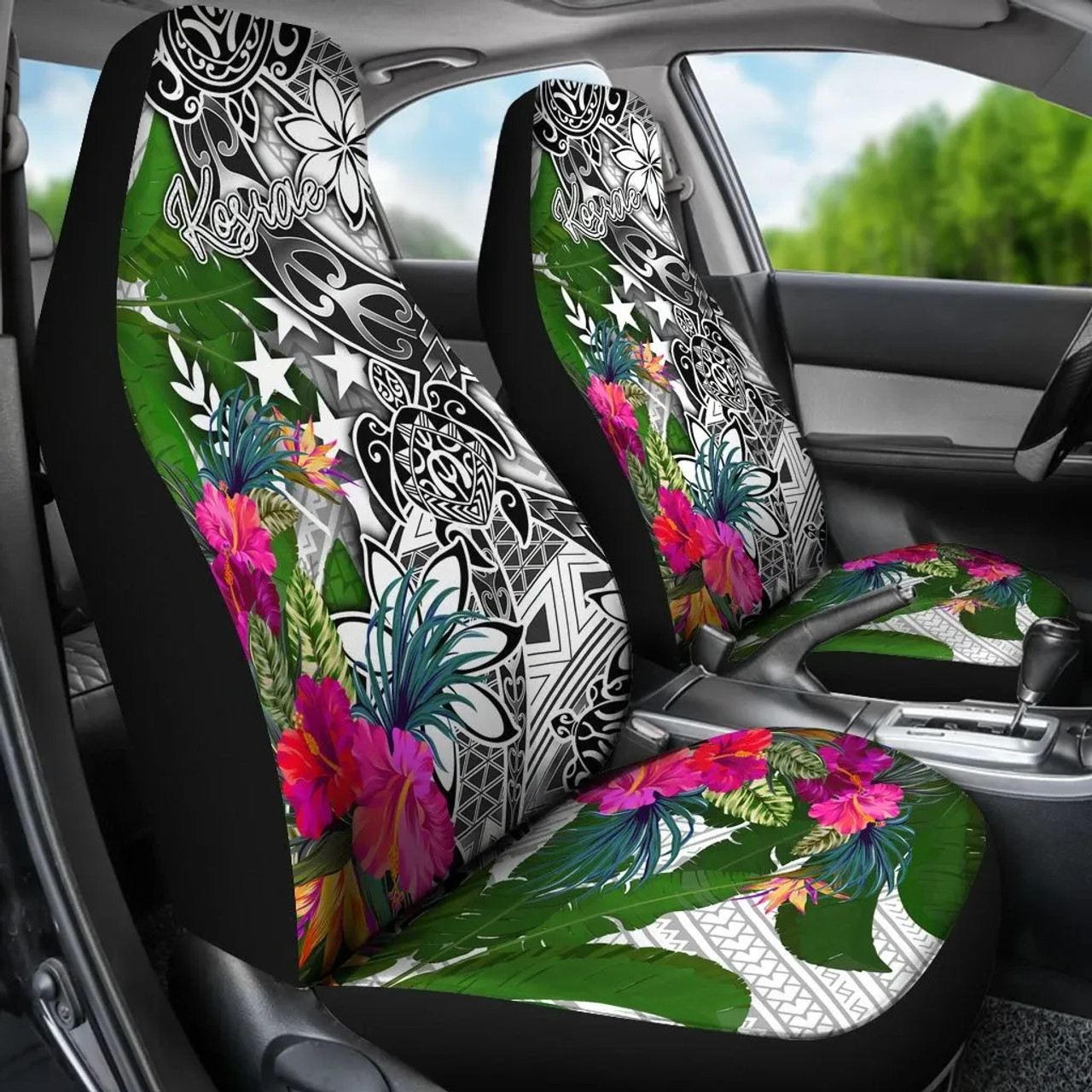 Kosrae Car Seat Covers White - Turtle Plumeria Banana Leaf