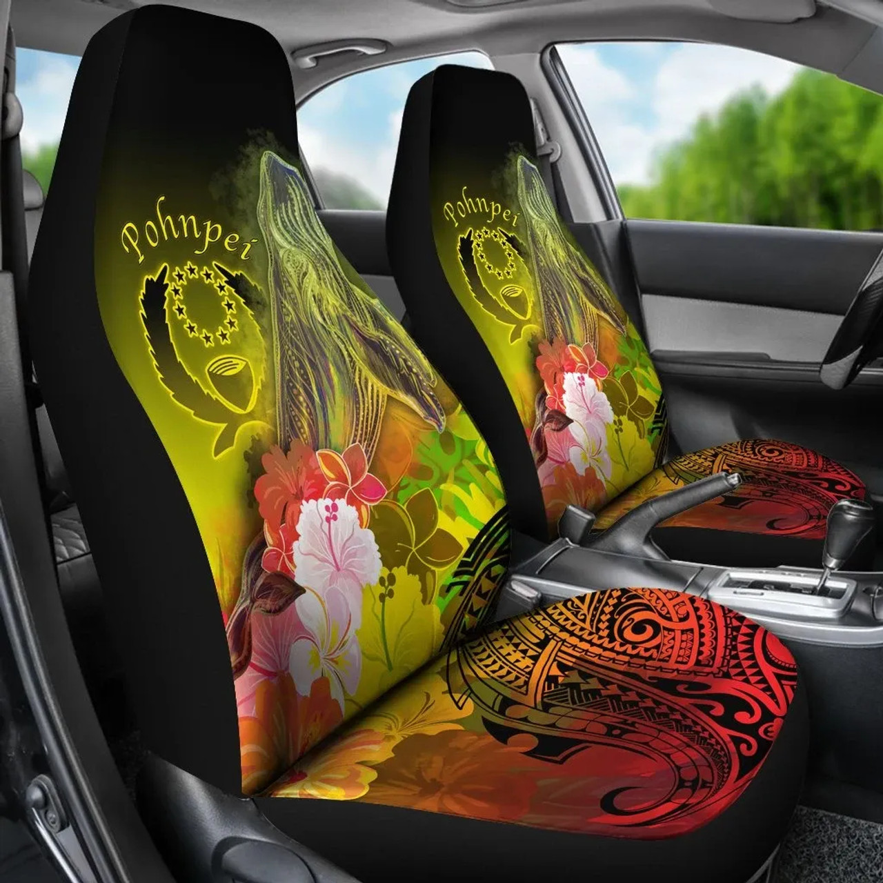 Pohnpei Car Seat Covers - Humpback Whale with Tropical Flowers (Yellow)