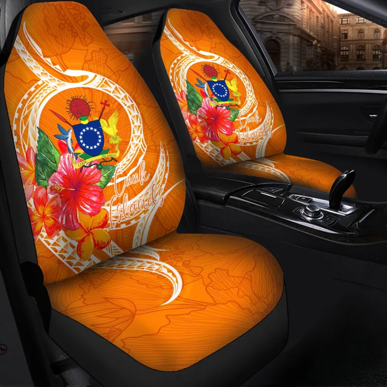 Cook Islands Polynesian Car Seat Covers - Orange Floral With Seal