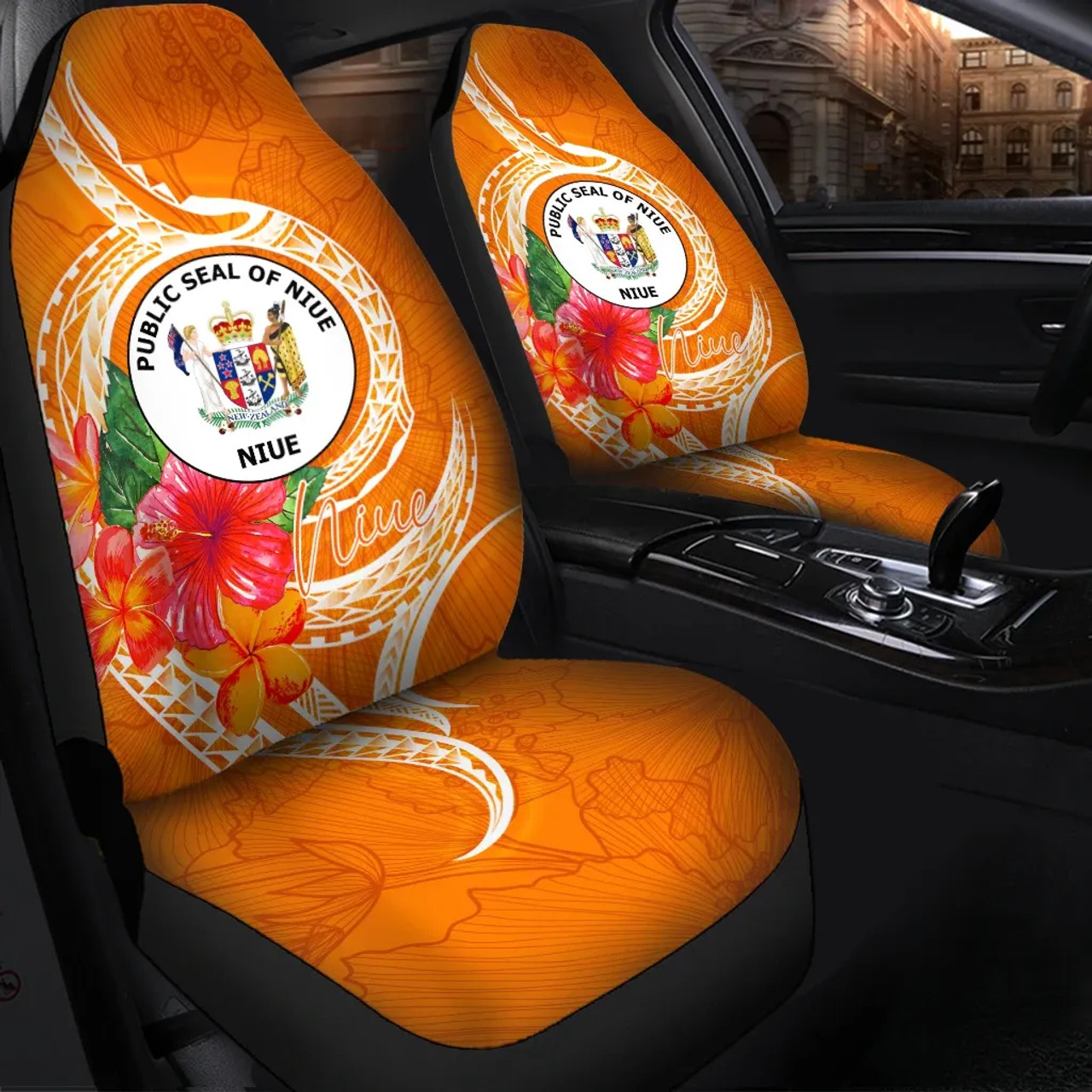 Niue Polynesian Car Seat Covers - Orange Floral With Seal