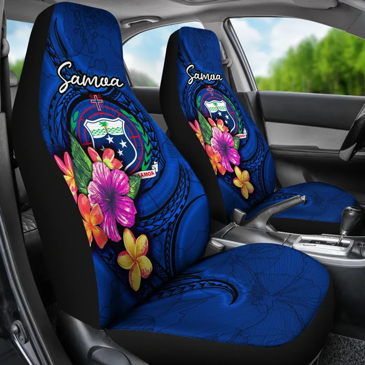 Samoa Polynesian Car Seat Covers - Floral With Seal Blue