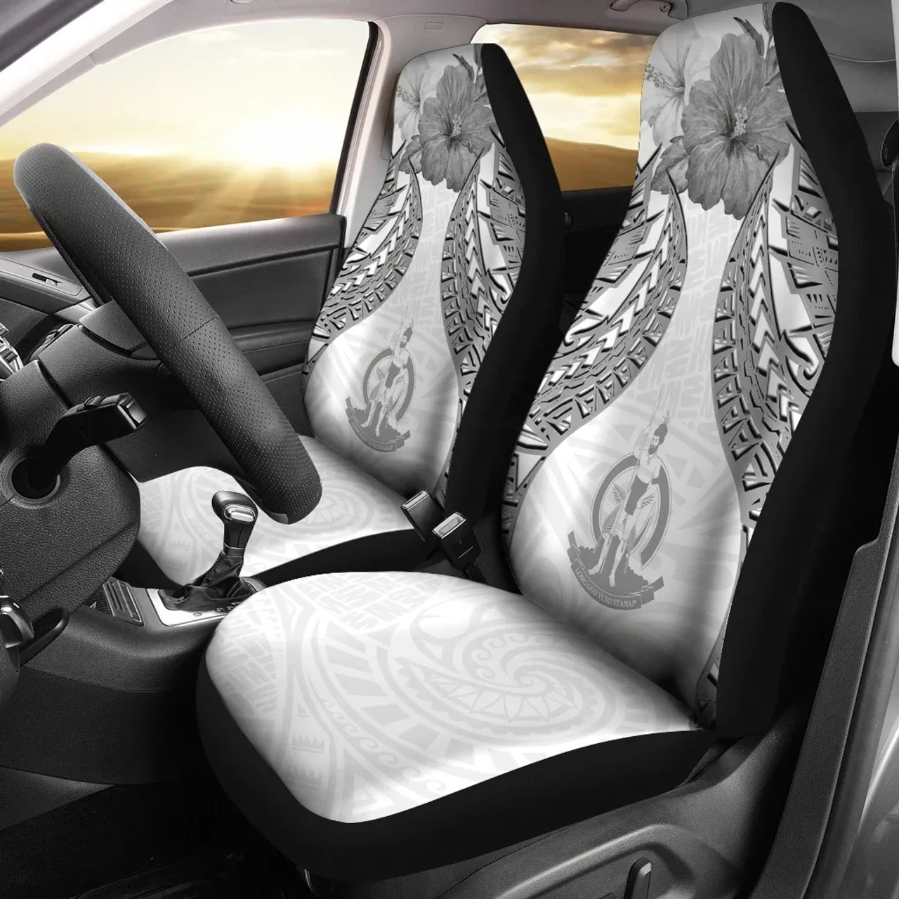 Vanuatu Polynesian Car Seat Covers Pride Seal And Hibiscus White