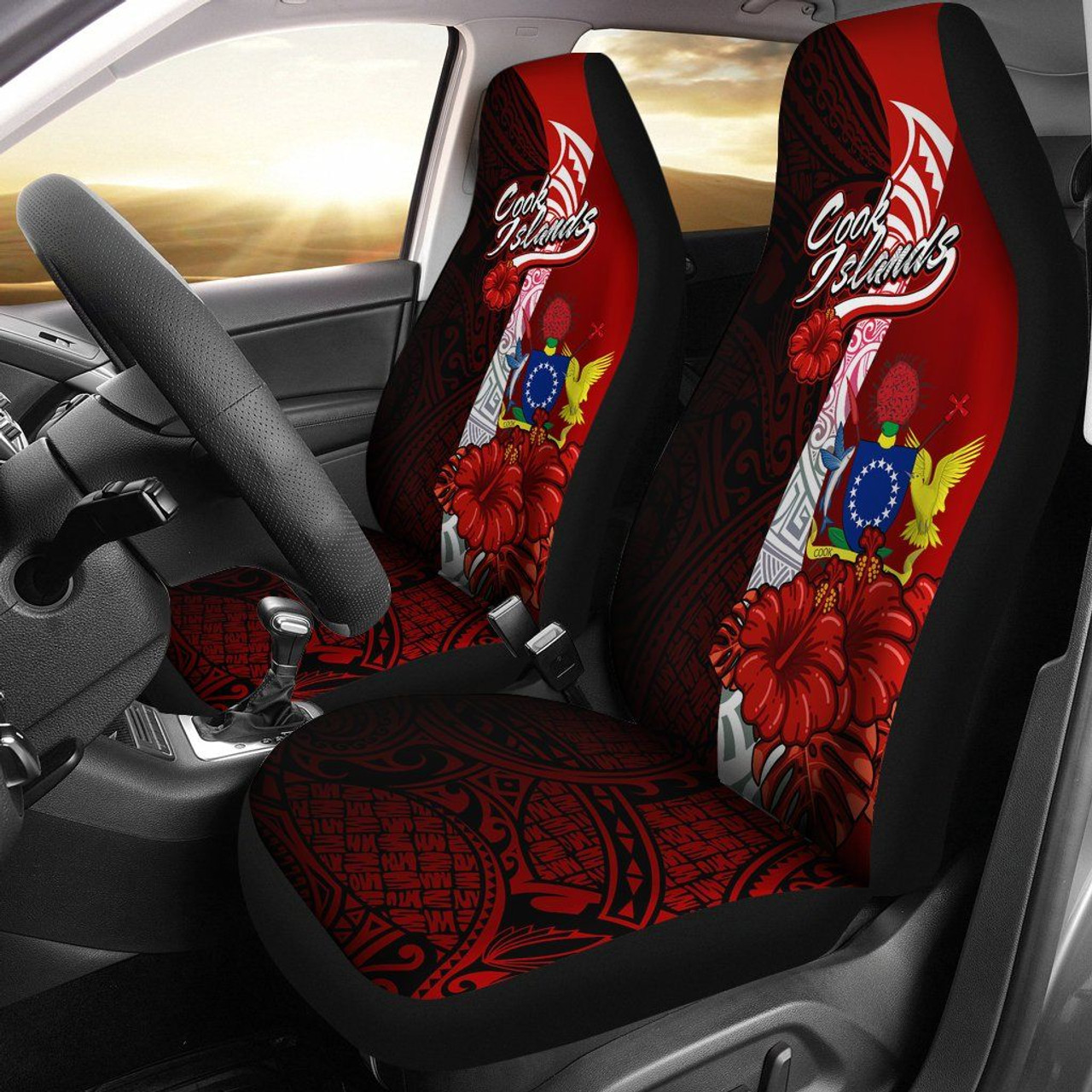 Cook Islands Polynesian Car Seat Covers - Coat Of Arm With Hibiscus