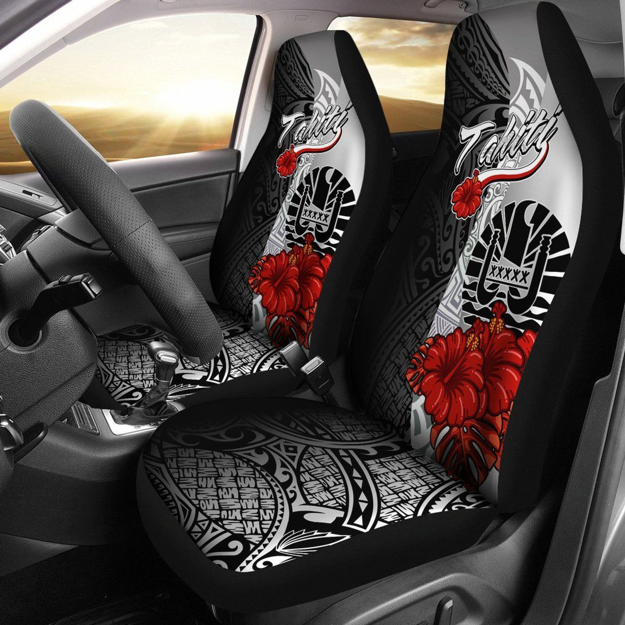 Tahiti Polynesian Car Seat Covers - Coat Of Arm With Hibiscus White