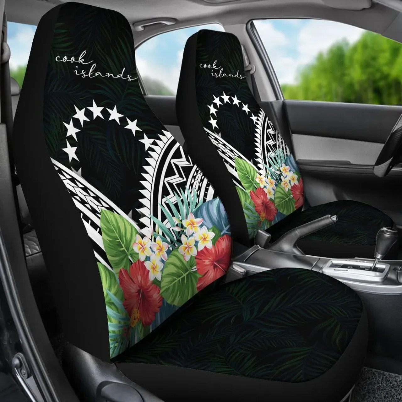 Cook Islands Car Seat Covers - Cook Islands Coat of Arms & Polynesian Tropical Flowers White