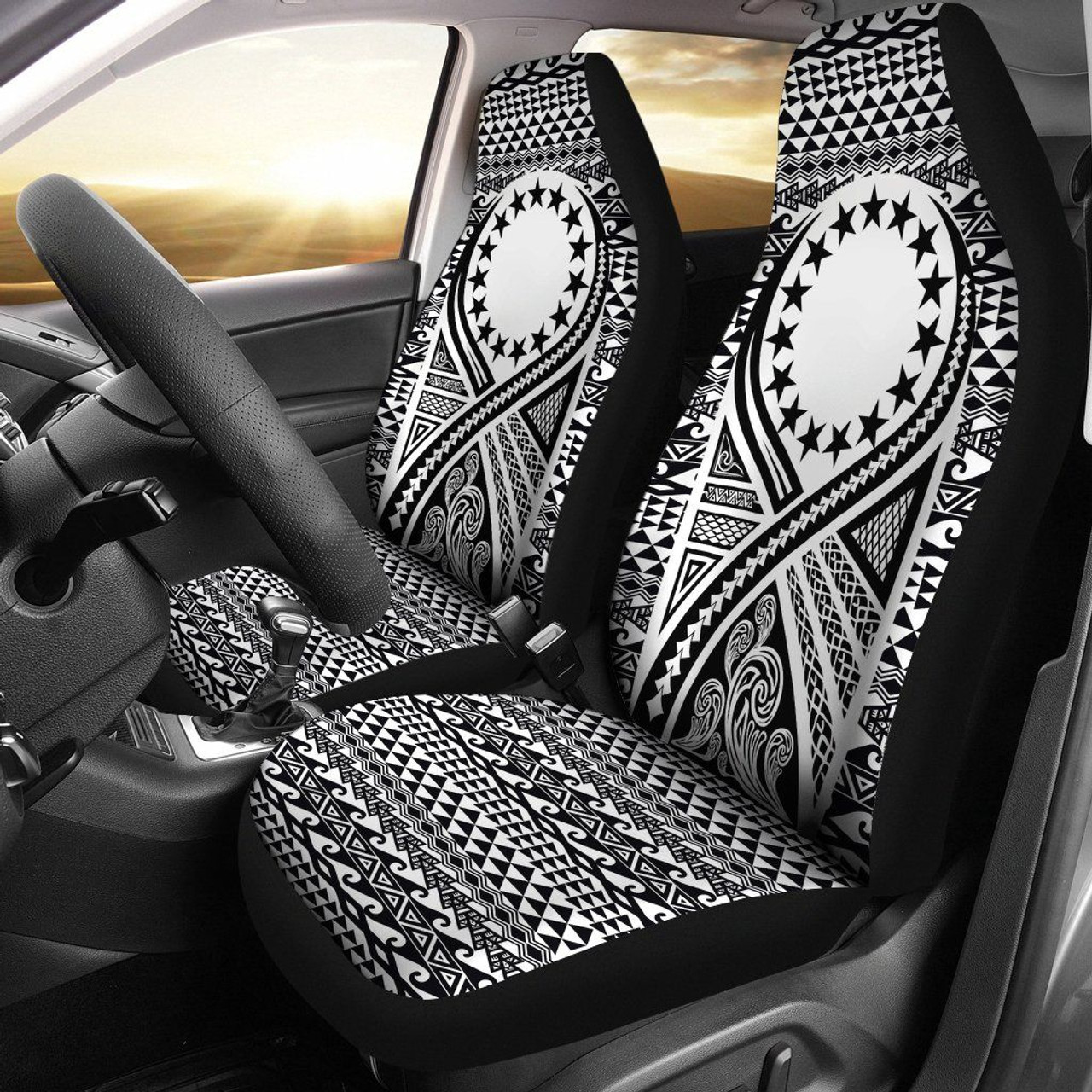 Cook Islands Car Seat Cover - Cook Islands Flag Polynesian Tattoo Black