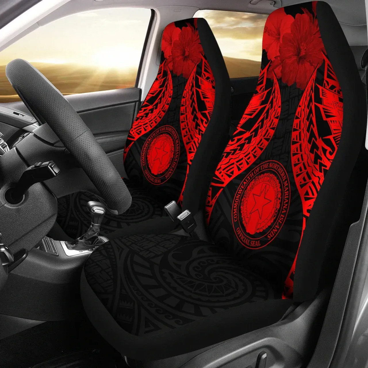 Northern Mariana Islands Polynesian Car Seat Covers Pride Seal And Hibiscus Red