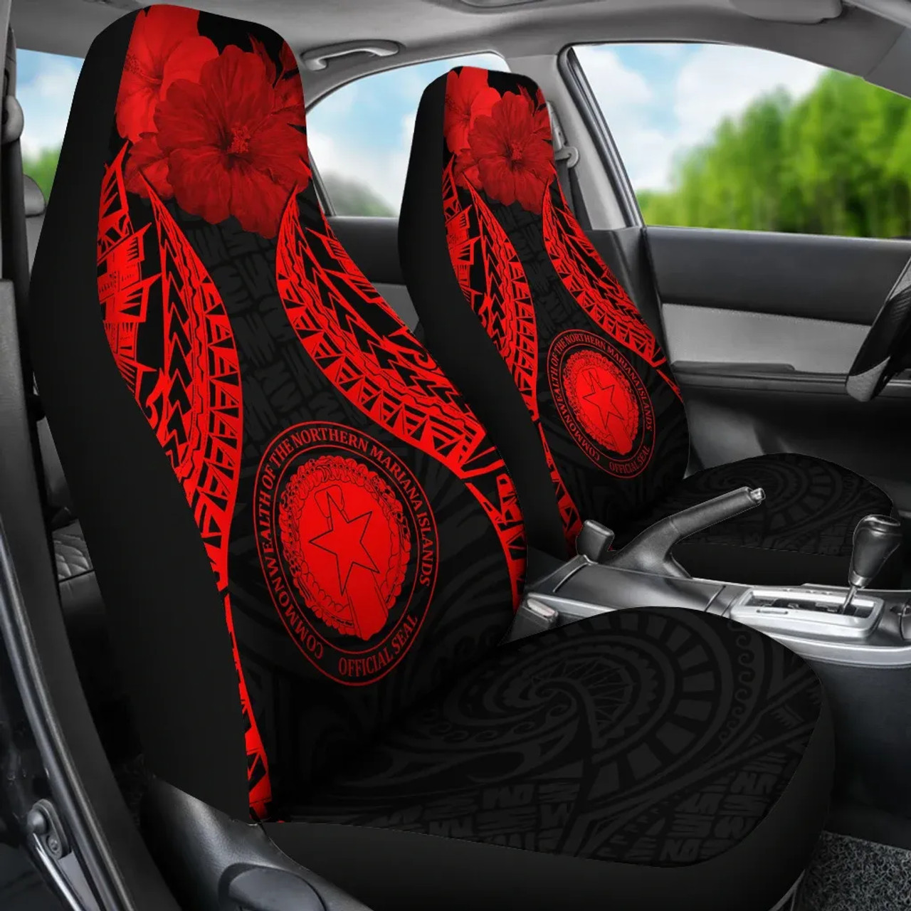 Northern Mariana Islands Polynesian Car Seat Covers Pride Seal And Hibiscus Red