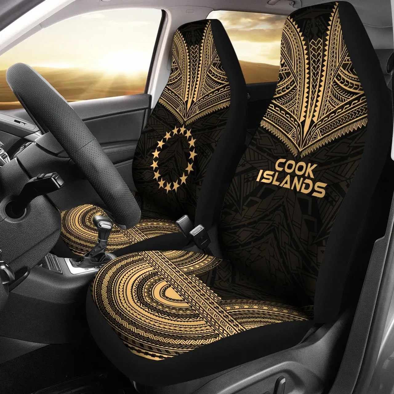 Cook Islands Car Seat Cover - Cook Islands Flag Polynesian Chief Tattoo Gold Version