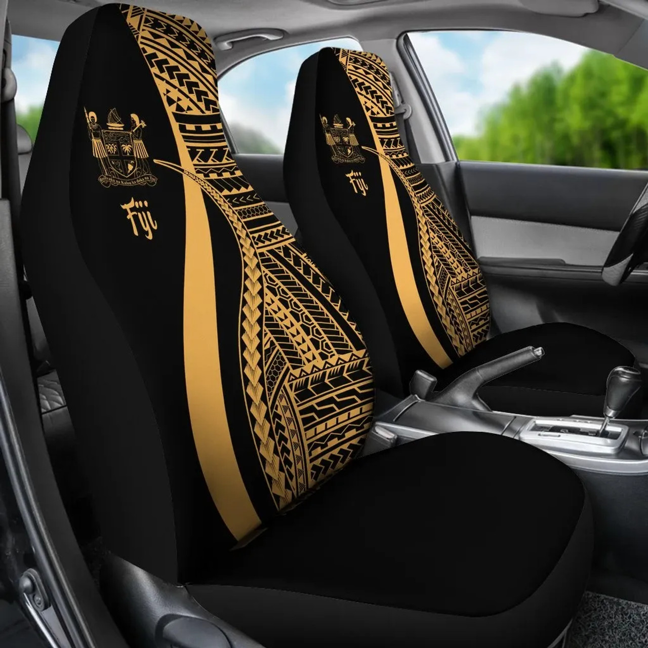 Fiji Car Seat Covers - Gold Polynesian Tentacle Tribal Pattern Crest