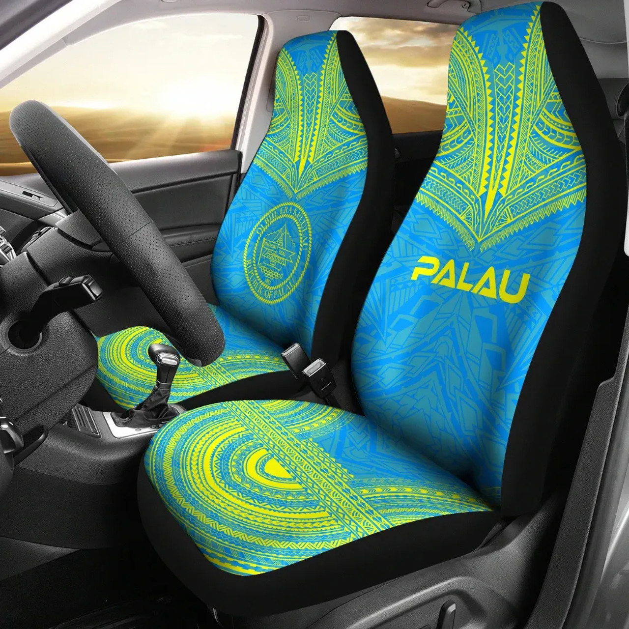 Palau Car Seat Cover - Palau Seal Polynesian Chief Tattoo Light Blue Version