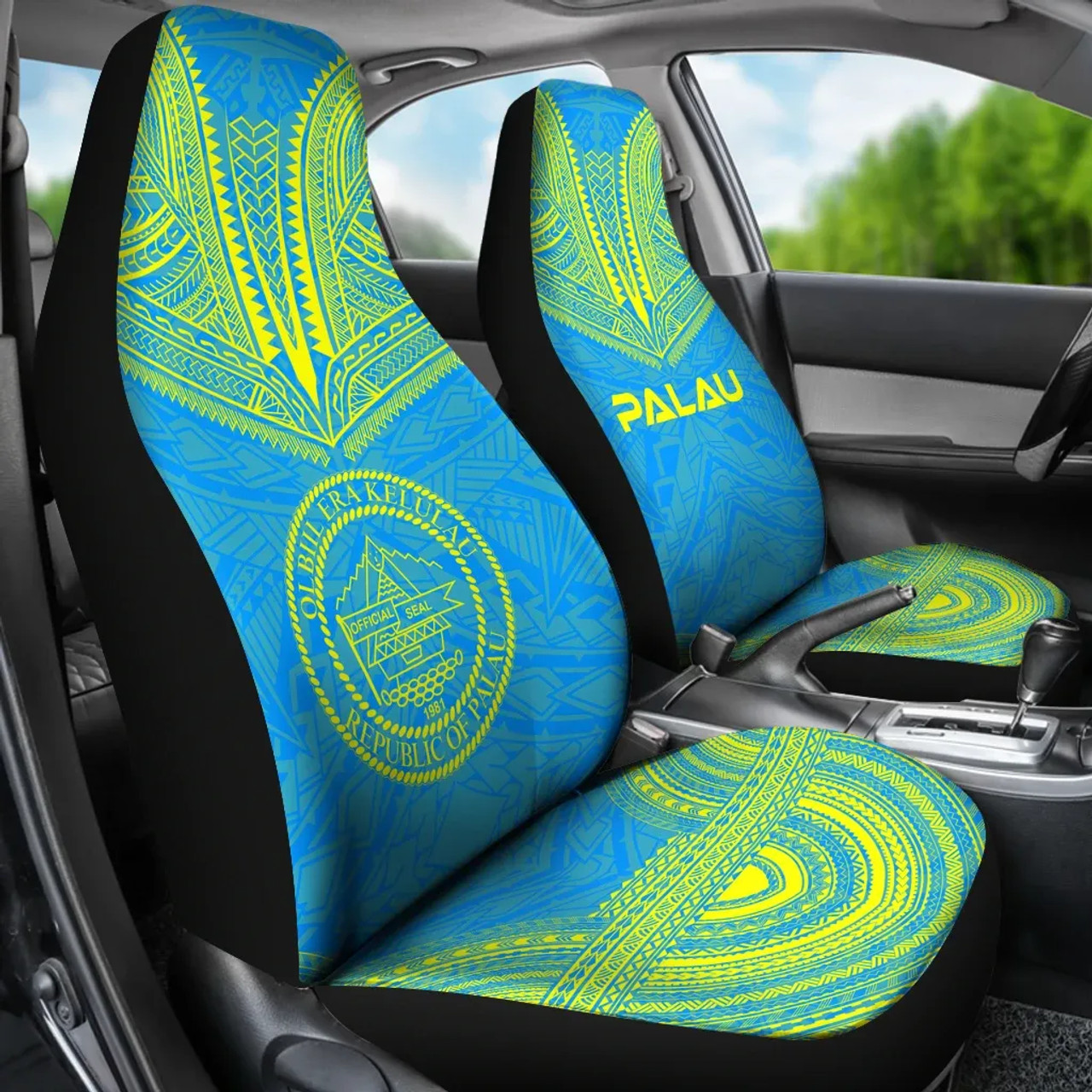 Palau Car Seat Cover - Palau Seal Polynesian Chief Tattoo Light Blue Version