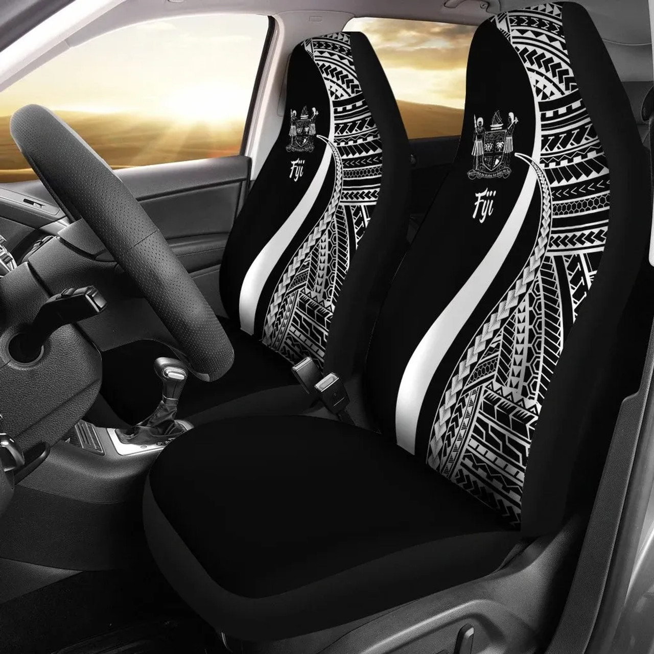 Fiji Car Seat Covers - White Polynesian Tentacle Tribal Pattern Crest